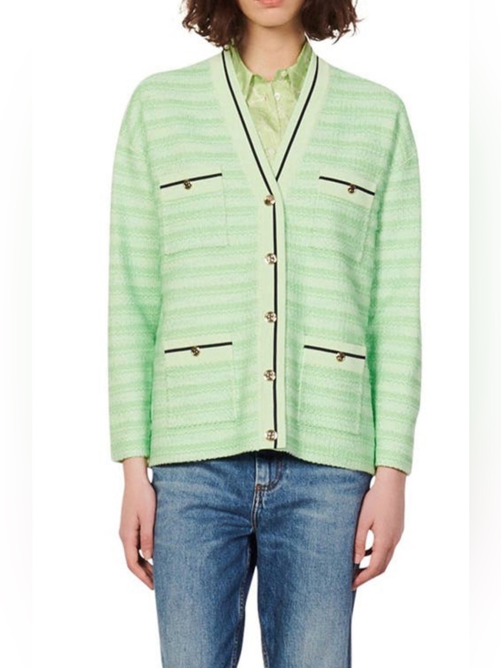 Sandro Aymar Mint Green Jacquard Knit Cardigan Sweater Size 2 US M Coastal Prepp